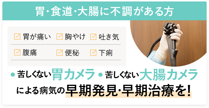 胃・食道・大腸に不調がある方　苦しくない胃カメラ痛くない大腸カメラによる病気の早期発見・早期治療を！